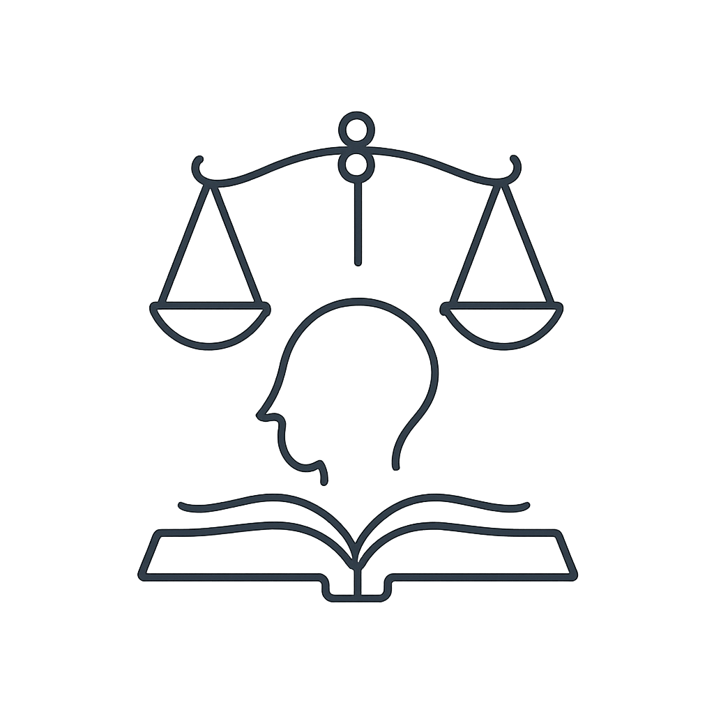 Title: Lawyer Silhouette AltText: A simple outline of scales and an open book feature a lawyer silhouette underneath.